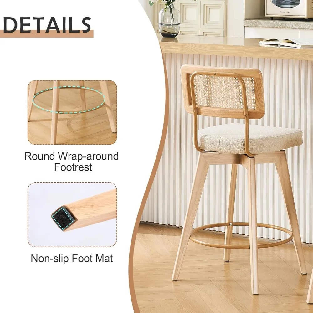 26” Natural Rattan Bar Stools, Swivel Solid Wood Counter Stool Set of 2, Upholstered Armless Bar Chairs with Wooden Legs for Kit