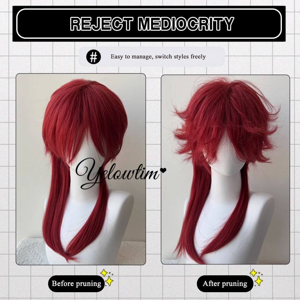 Yelowtim-男性用の長いかつらのセット,オオカミの尾,赤,アニメ,ユニセックス,フル