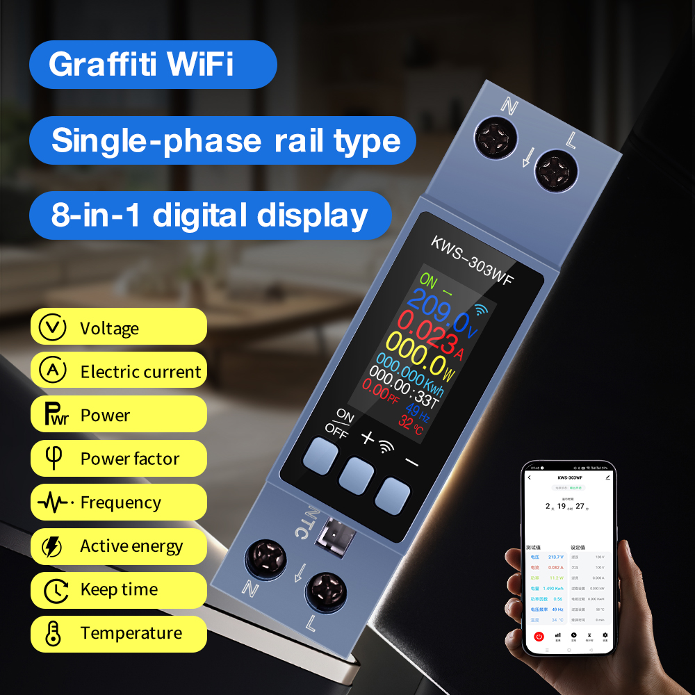 8 in 1 Energiemeter KWS-303 AC-meter Kleurenscherm Spanning Stroom Vermogensmeter Slimme tijdschakelaar Tweefasige Din Rail-meting