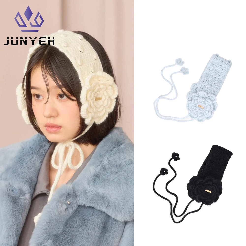 Orejeras japonesas de punto para mujer, orejeras cálidas para otoño e invierno, cubiertas para las orejas de flores hechas a mano