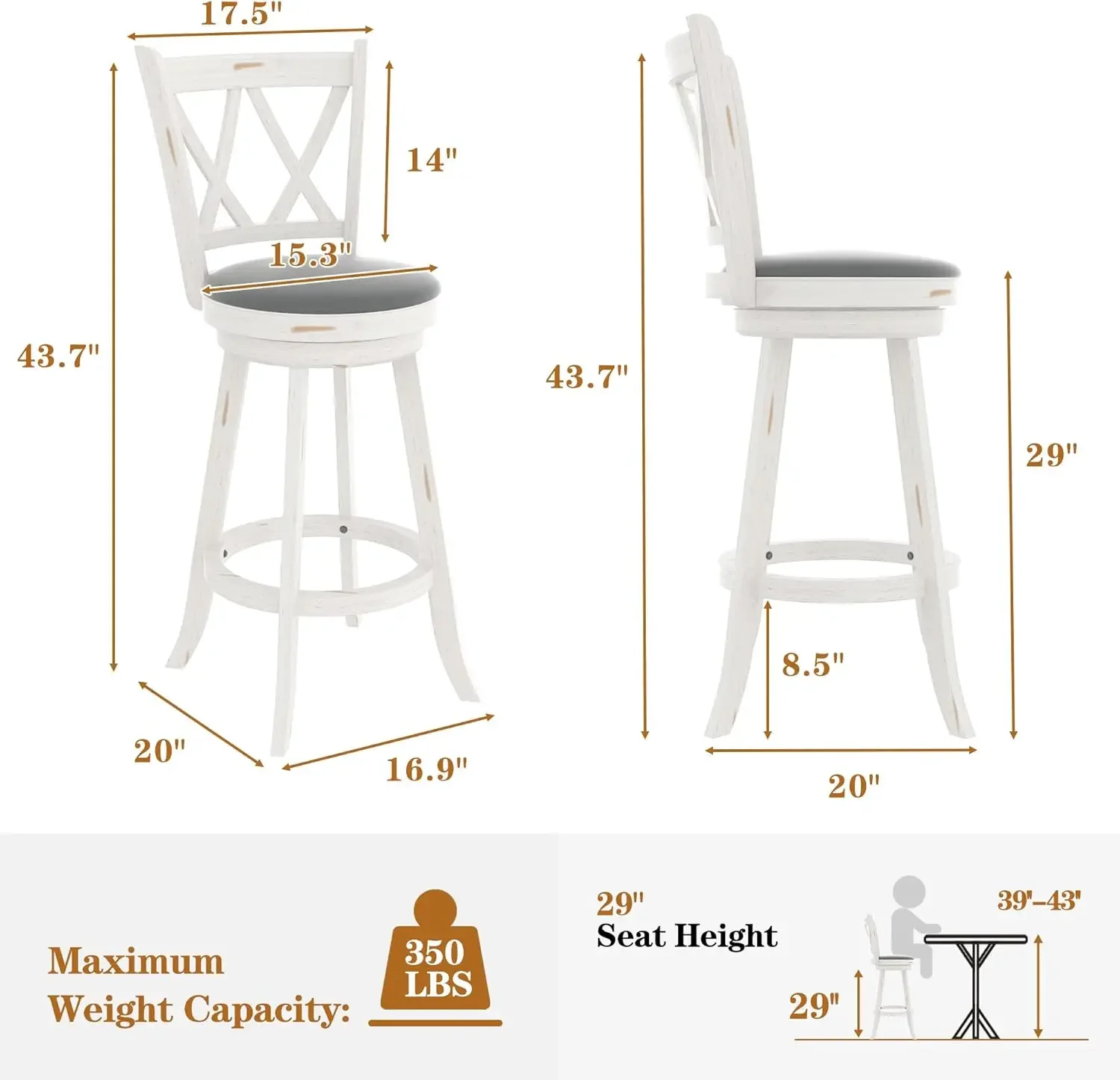 29" Bar Height Swivel Stools - High Back Swivel with Upholstered Seat & Solid Wood Footrest, Counter Bar Chairs for Kitchen Isla