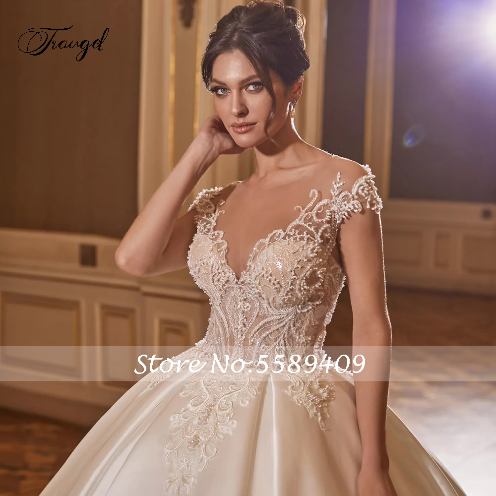 Maßgeschneiderte Sexy Illusion Matte Satin Vintage Ballkleid Brautkleider Exquisite Applikationen Perlen Hofschleppe Brautkleid