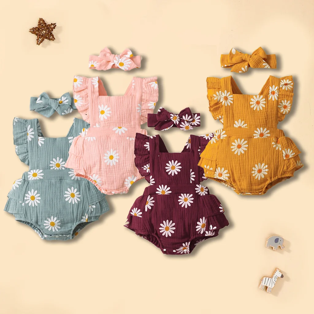 Pelele de algodón con manga acampanada y Diadema para niña recién nacida, mono con estampado Floral, trajes diarios de verano, 0-18 meses