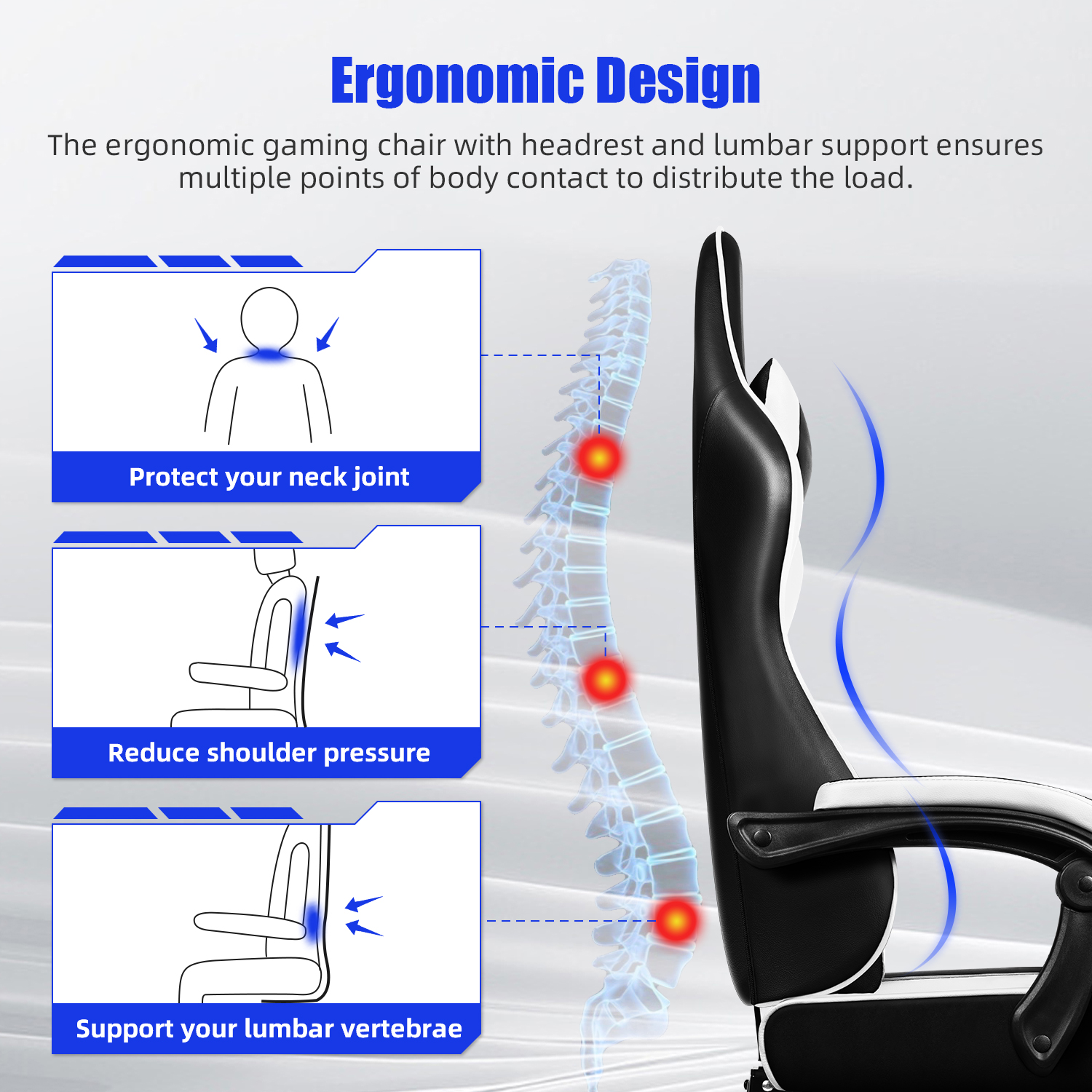 Chaise de jeu ergonomique Daccormax avec support lombaire réglable et appui-tête, conception à dossier haut + repose-pieds pliable pour les joueurs sur PC