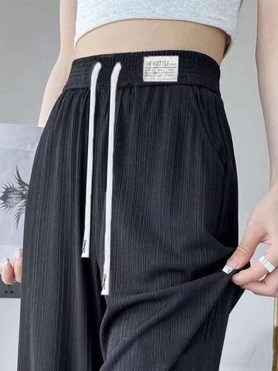 New 2025 Women's Ice Silk Wide Leg Pants High Waist Loose Thin Straight Casual Long Trousers Korean Sle Polyester Fiber