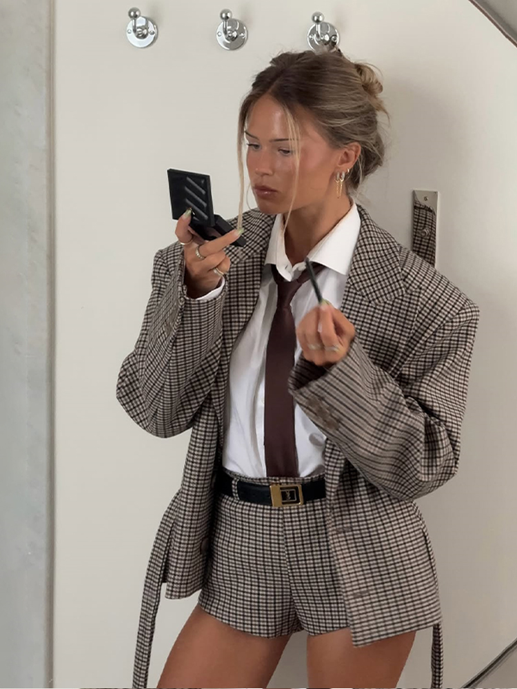 Ретро клетчатый пояс, куртка, шорты, комплект, женский модный блейзер с длинными рукавами, пуговицами и карманами, костюм 2025 года, новая уличная одежда для поездок на работу