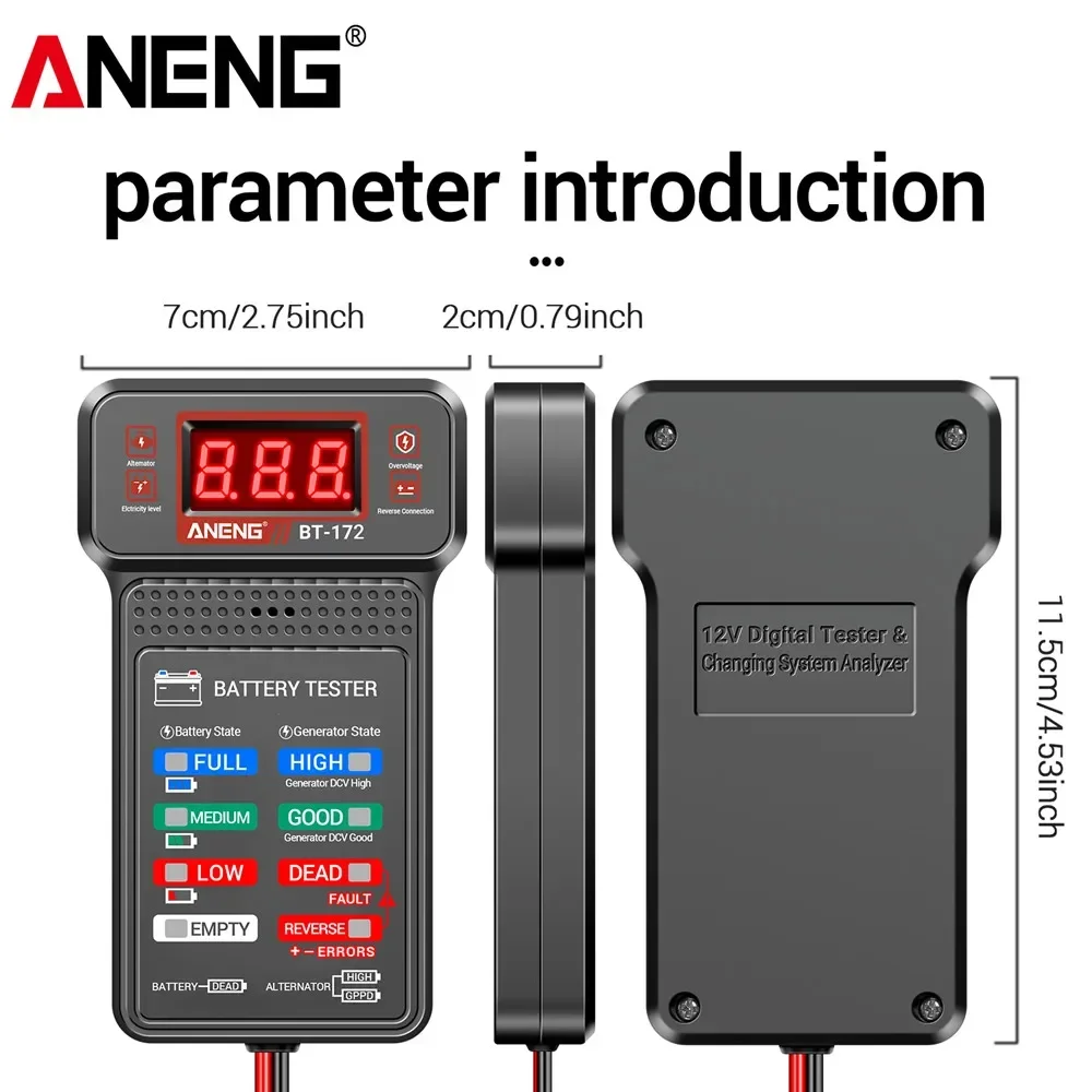 รถแบตเตอรี่เครื่องทดสอบโหลด ANENG BT-172 เครื่องวัดแรงดันไฟฟ้าดิจิตอลจอแสดงผลรถแบตเตอรี่ AMP Meter พร้อมคลิปจระเข้เครื่องมือ