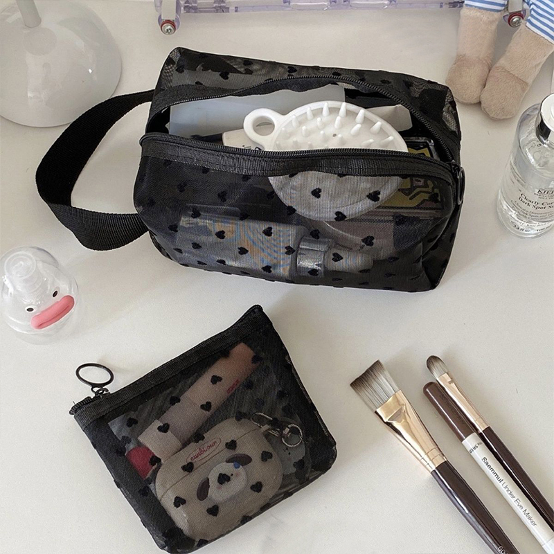 Bolsa de maquillaje de malla transparente con forma de corazón, bolsa de almacenamiento de cosméticos portátil multifunción para mujer, bolsas organizadoras de pintalabios y artículos de tocador para mujer