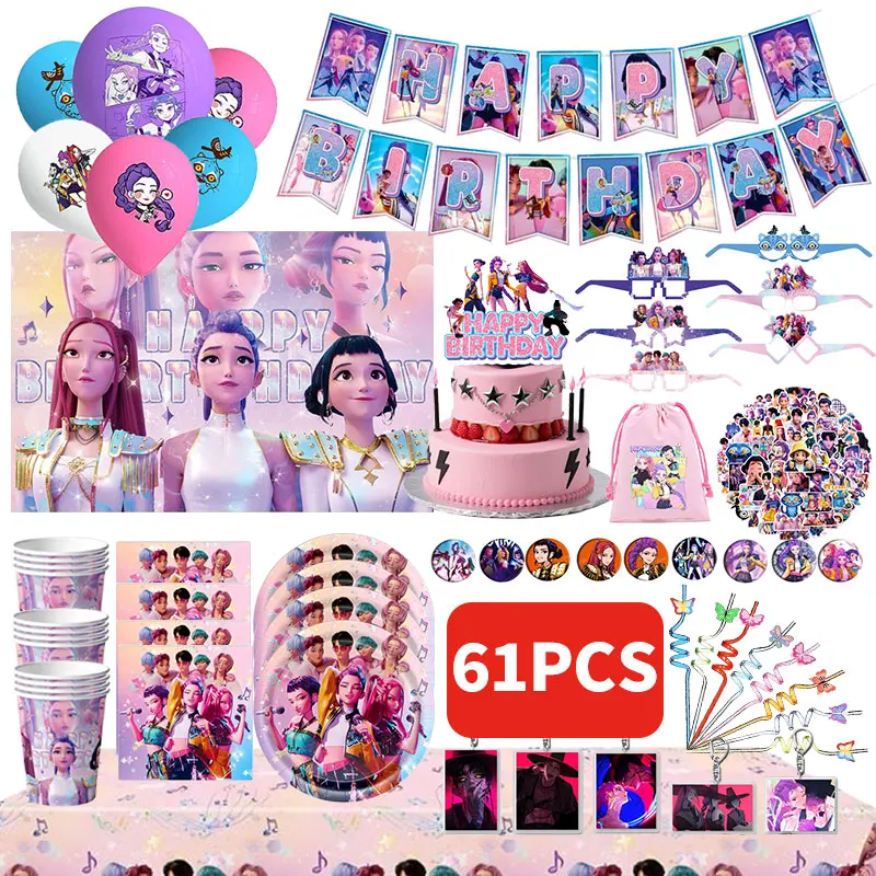 NEW Demon Hunters Kpop Birthday Decorations Set Tableware Balloons Banner Tablecloth Bag Kpop Cake Decor For Girl Party Favors