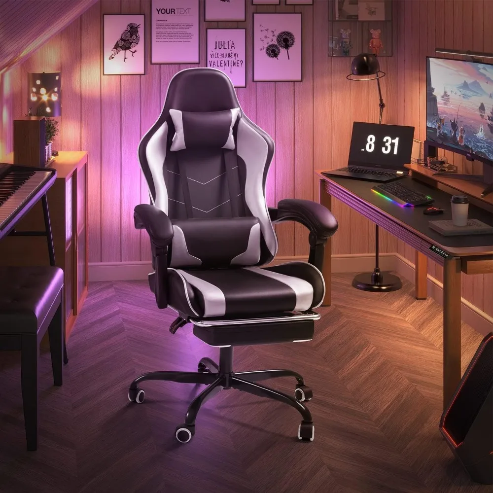 Gaming Chair with Footrest and Massage Lumbar Support, Video Game Chairs 360°Swivel and Height Adjustable Seat