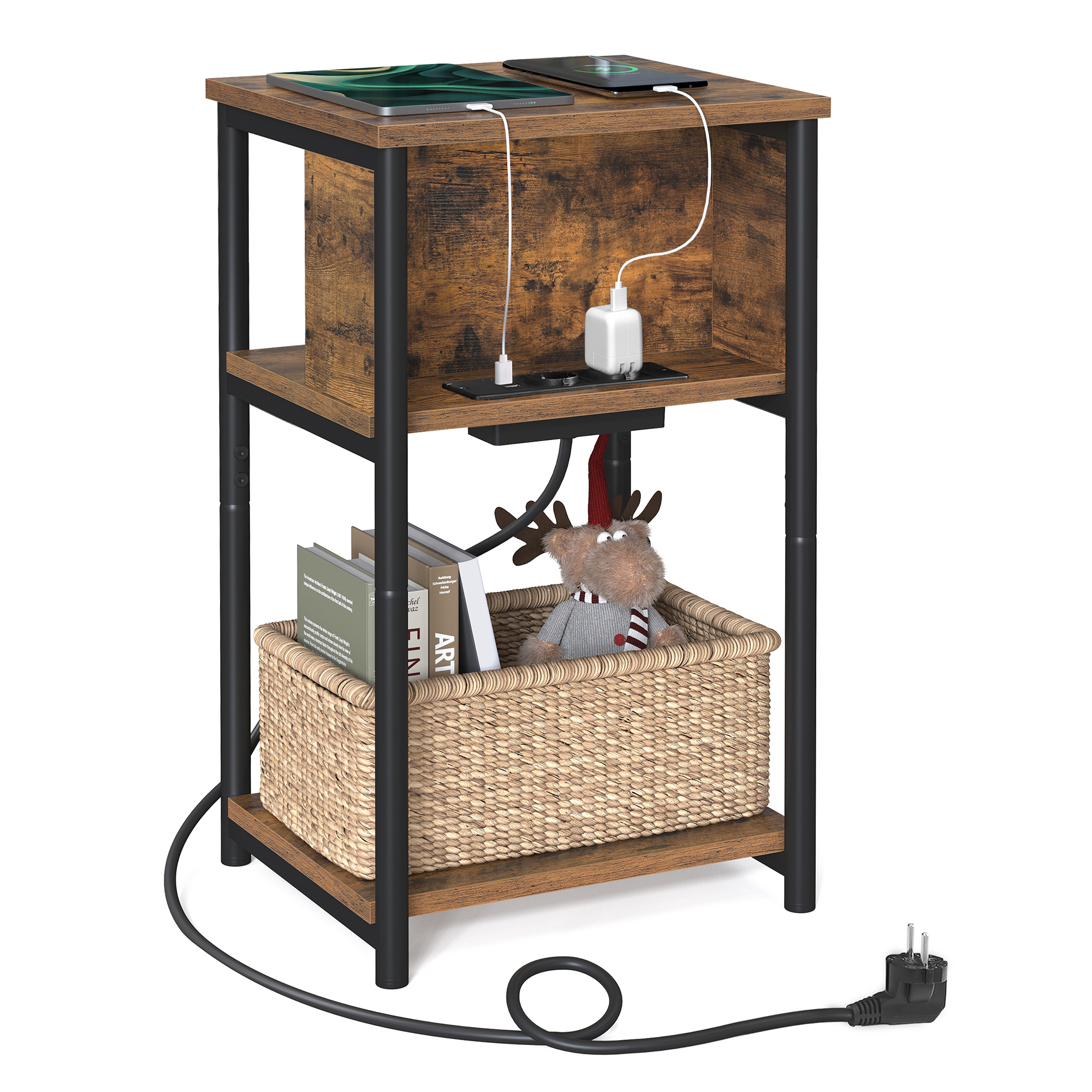 VASAGLE Beistelltisch, Nachttisch mit Steckdose, schmal, 2 AC-Anschlüsse, 2 USB-Anschlüsse, 30 x 34 x 58 cm, für Wohnzimmer