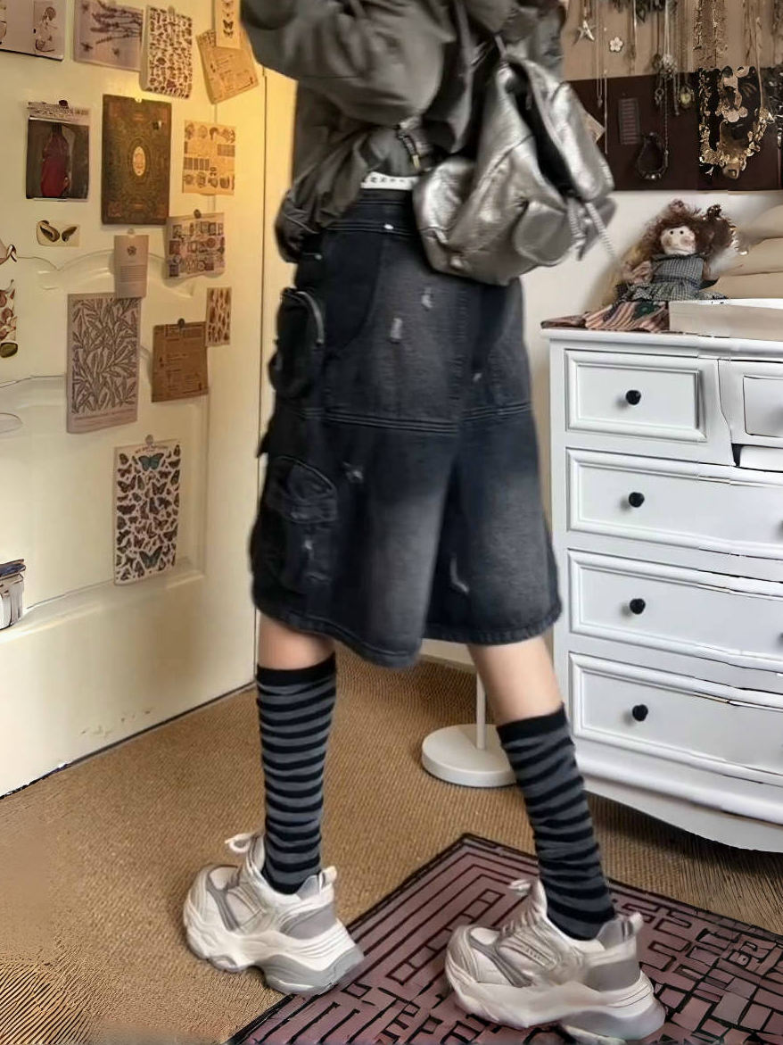 Amerikaanse Straat Oversized Gewassen Vintage Multi-Pocket Dames Werkkleding Denim Shorts Hoge Taille Rechte Pijpen Broek