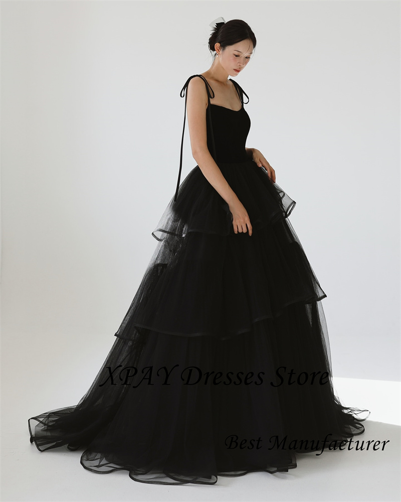 XPAY Princess Black Tiered Wedding Dresses Korea Photo shoot Spaghetti Straps Layered Evening Gowns Corset Back Customized