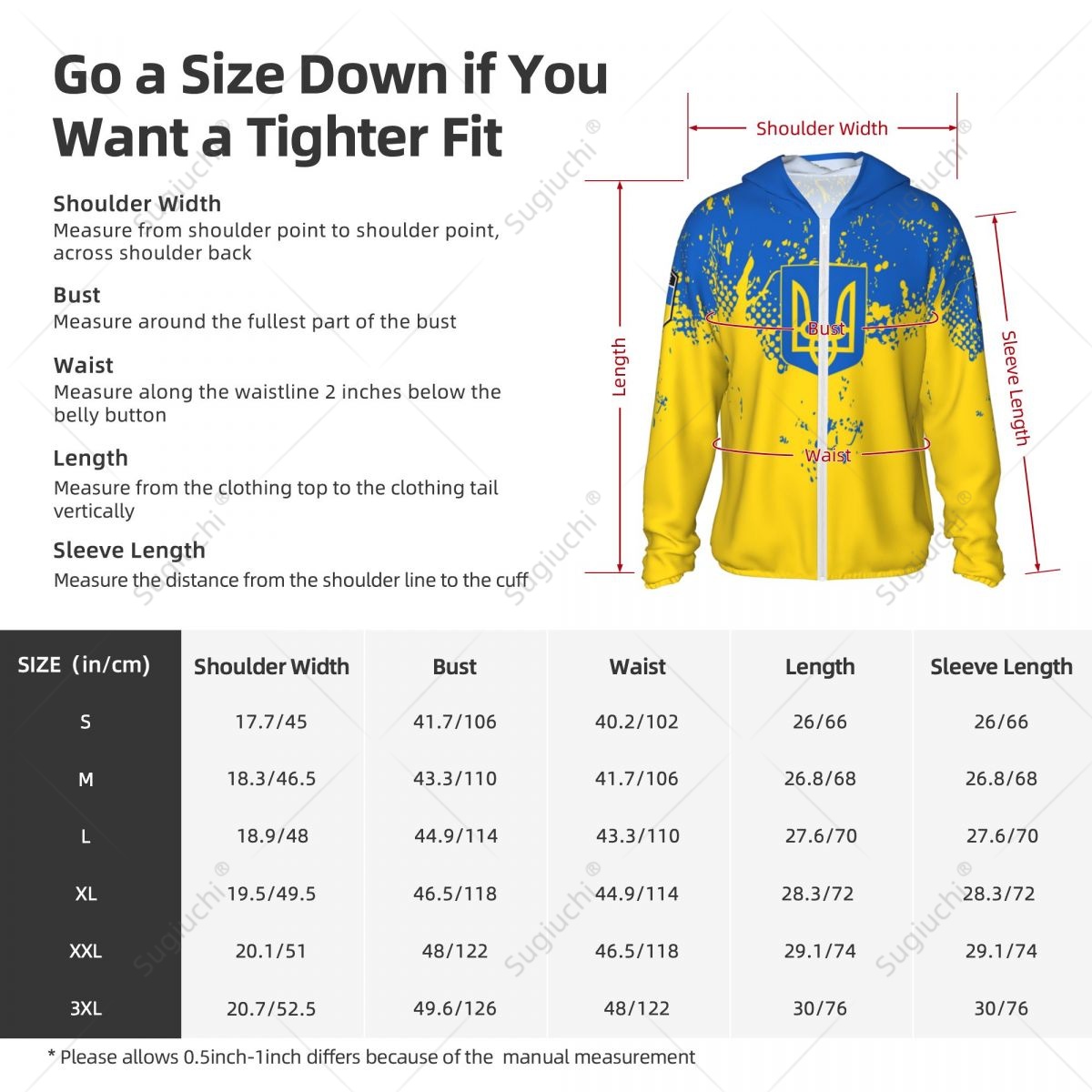 Protetor solar de poliéster com zíper, manga comprida, roupas para pesca, ciclismo e corrida, proteção solar, bandeira da Ucrânia, secagem rápida