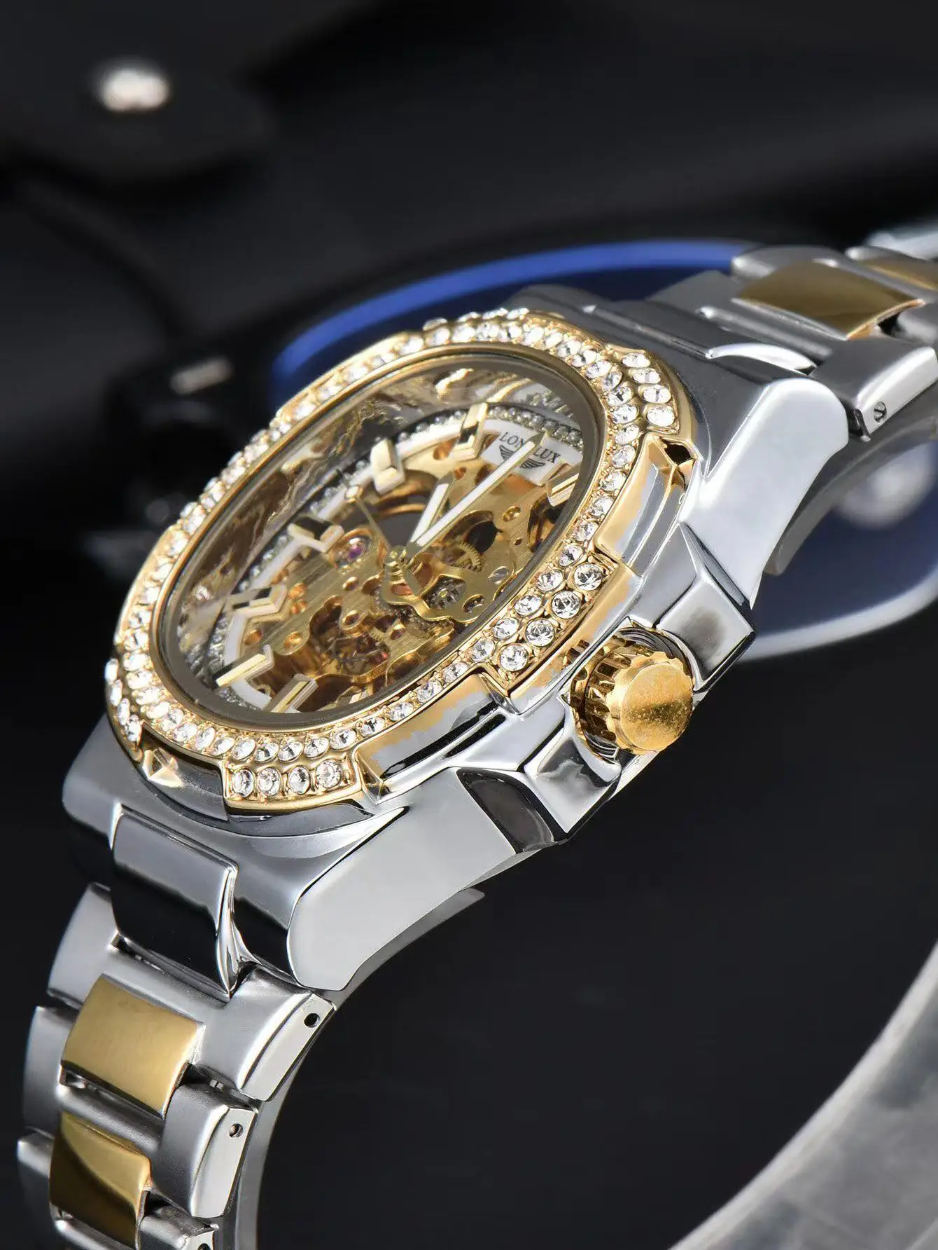 Reloj LONGLUX automático para hombre, relojes de pulsera mecánicos de lujo de acero inoxidable al por mayor, reloj esqueleto resistente al agua con diamantes, reloj para hombre