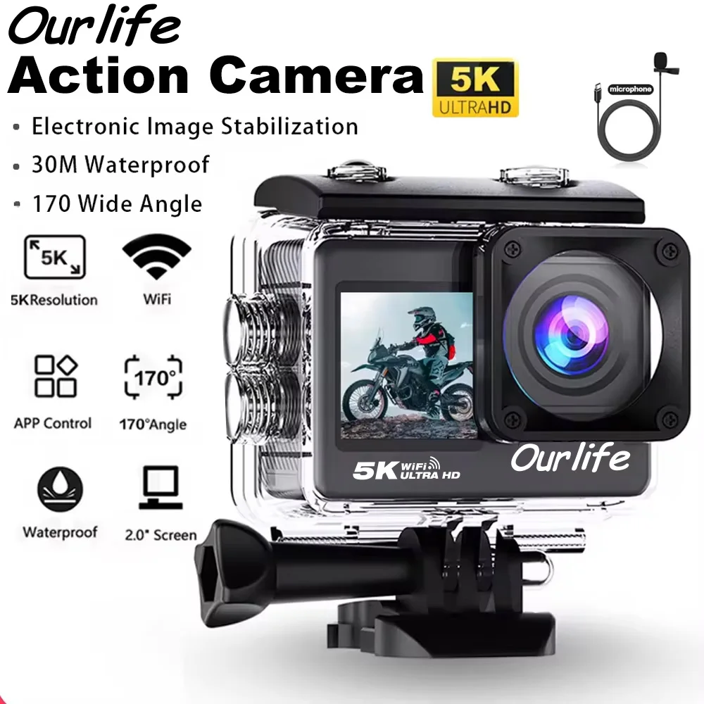 Ourlife 5K Action-Kamera 4K60FPS 2,0 Zoll Touchscreen WiFi 170 °   Weitwinkel 30 m wasserdichte Fahrrad- und Motorräder-Sportkameras