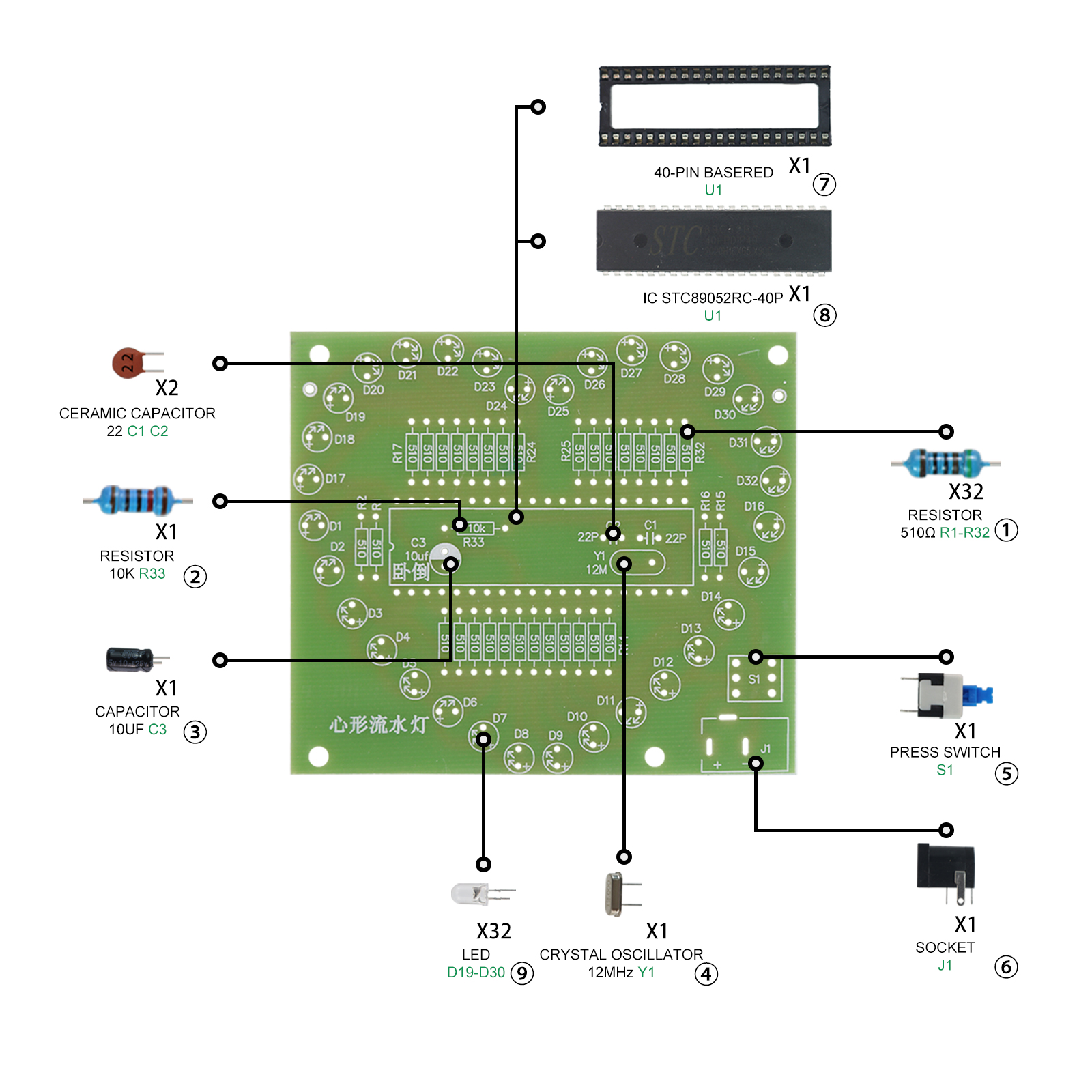 DIY elektronische Kit Herzform bunte Blendung LED RGB-Modul Liebe Wasser Licht stc89c52 51 Single-Chip-Mikro computer für Arduino
