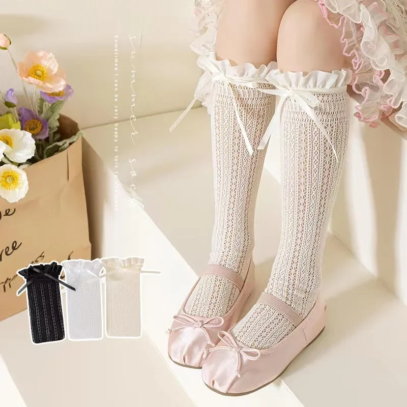 Calze lunghe da ragazza in pizzo a tubo, modello con fiocco dolce, calzino a rete, per bambina, balletto, rete da pesca, calzini con volant, leggings Lolita