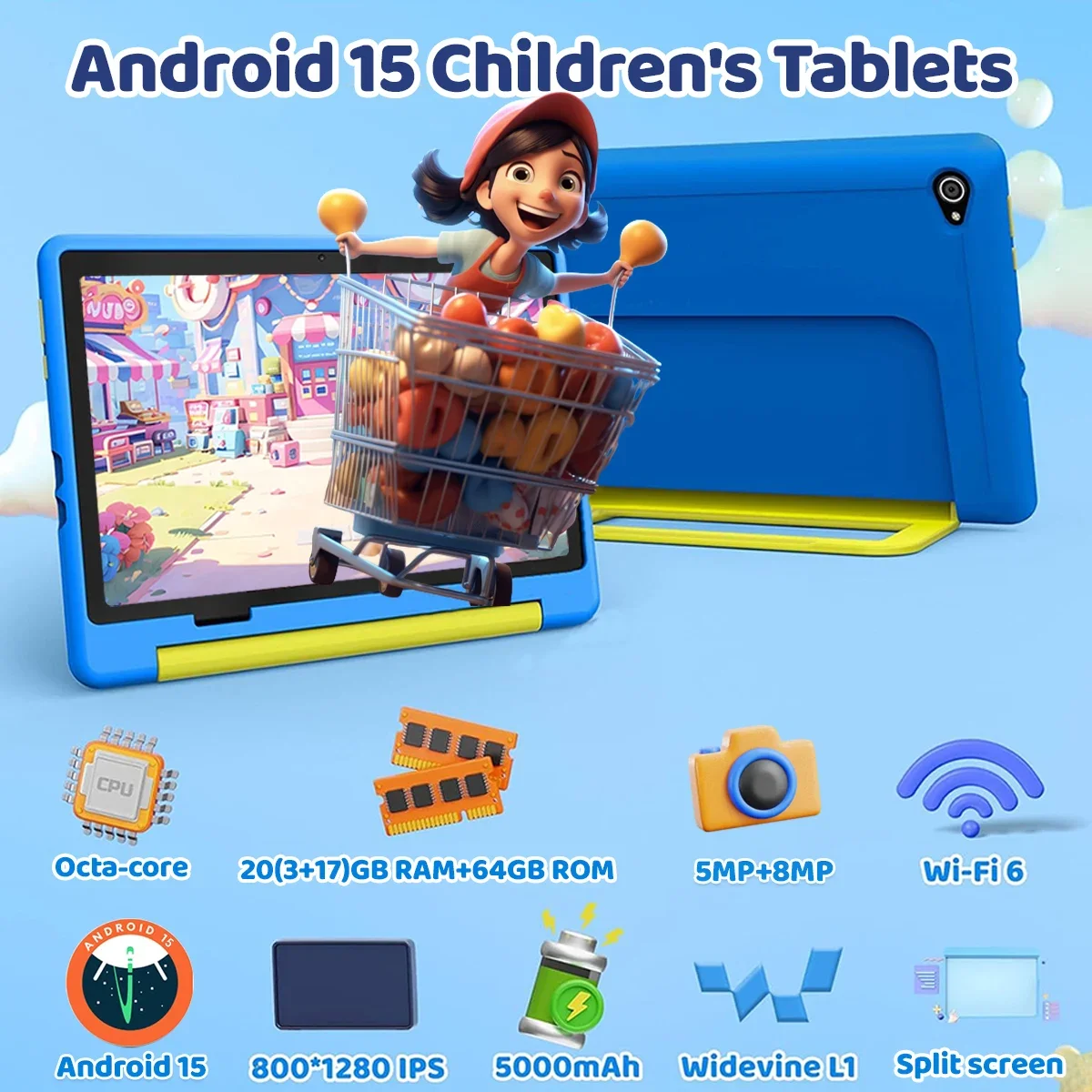 Uero 10 "padrão dos desenhos animados crianças tablet android octa-core 20gb (3 +17) ram 64gb rom aprendizagem educação jogos comprimidos presentes das crianças