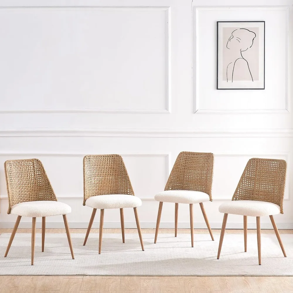 Rattan Dining Chairs Set of 4,Accent Upholstered Boucle Kitchen Room Chairs,Mid Century Modern Dining Room Chairs