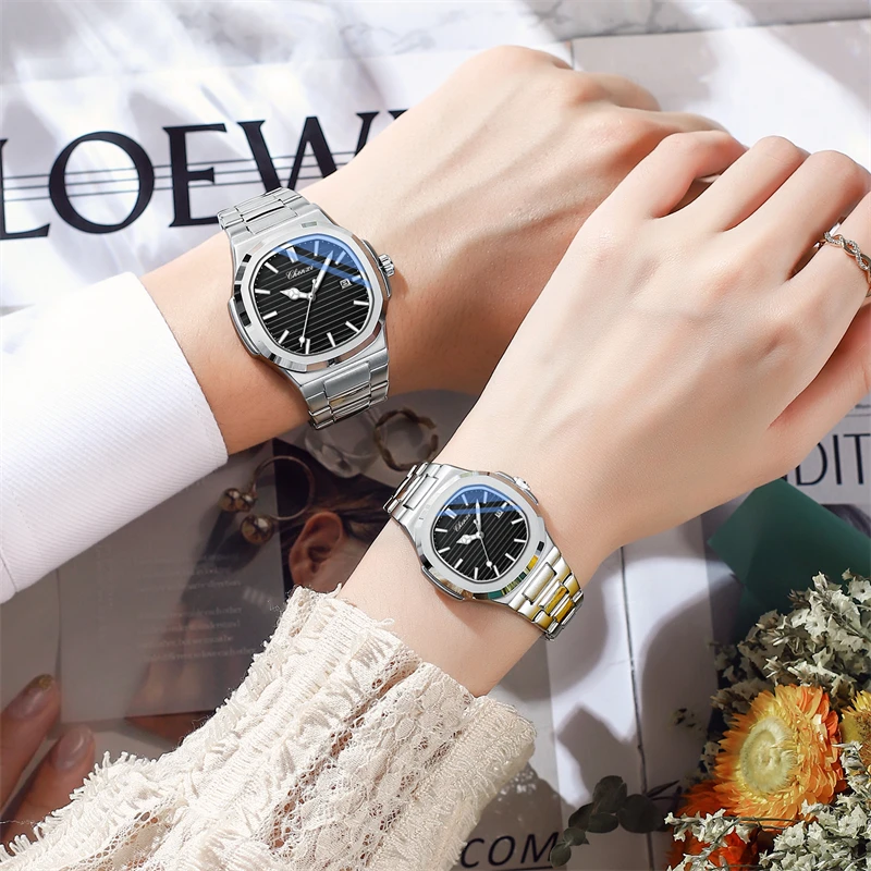 Chenxi 8222 moda casal relógio de quartzo à prova dwaterproof água luz noturna data pulseira de aço inoxidável casual data relógio masculino e feminino