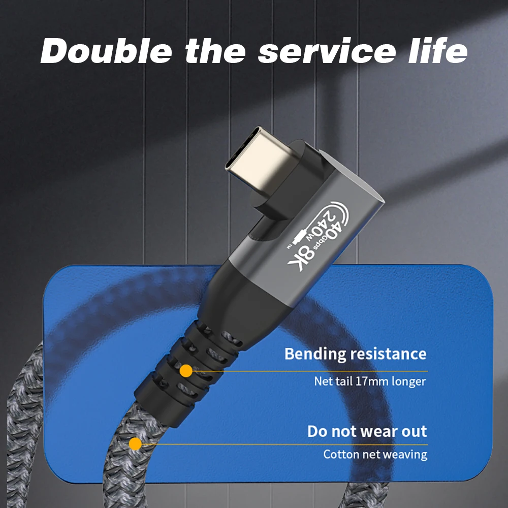 Thunderbolt USB 4 Cable de ángulo de 90 grados 40Gbps USB4 codo tipo C Thunderbolt3 4 Cable de transferencia de datos USB C PD240W carga rápida