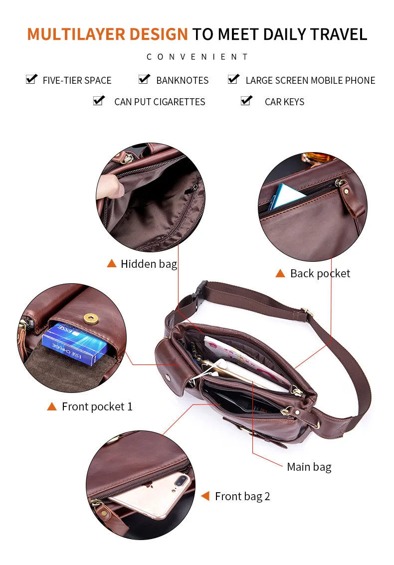 Men's Waist Packs Casual Rectangle Soft Genuine Cowhide Leather Mobile Pocket Crossbody Chest Bag