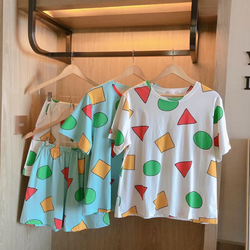 Kurzarm-Pyjama für Damen, Sommer, Cartoon, niedlich, geometrisch, Nachtwäsche, Homewear, lässig, Pullover, Hemd, Damen-Nachtwäsche, Loungewear