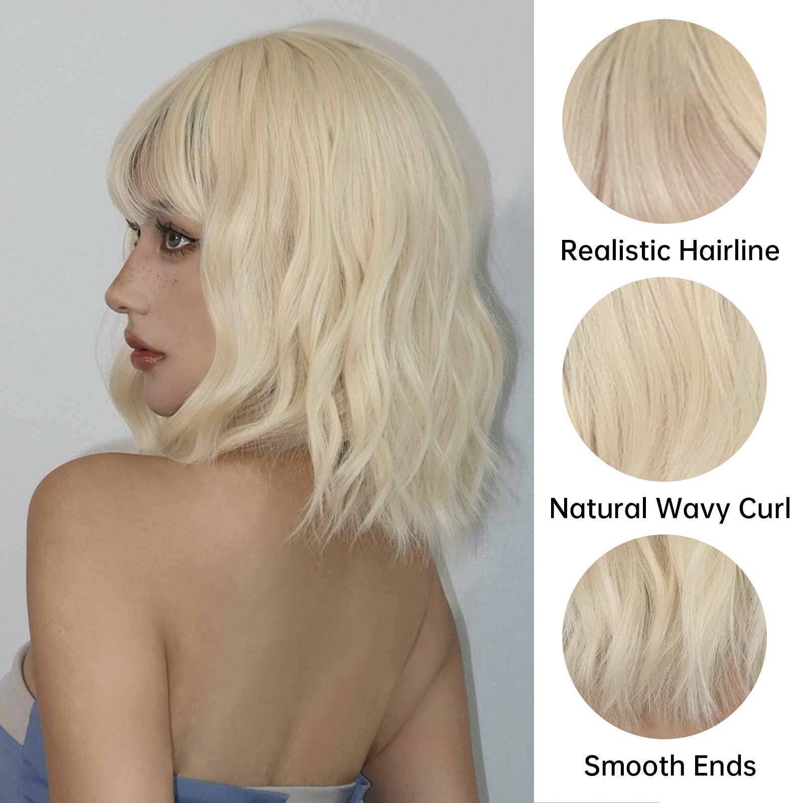 สีบลอนด์สั้น Curly Bob วิกผมสังเคราะห์กับ Bangs Platium Golden Lolita Cosplay Wigs สําหรับผู้หญิง Daily Party คอสเพลย์ทนความร้อน