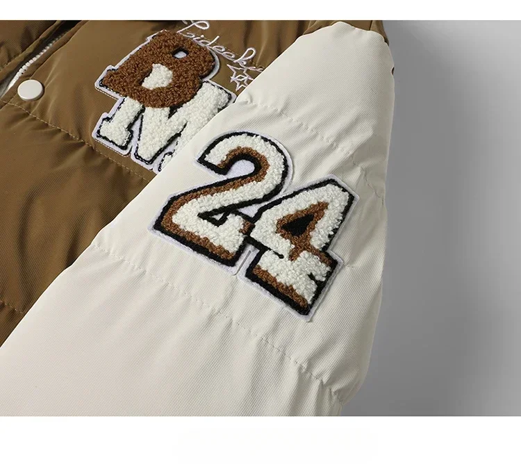 แจ็คเก็ตเบสบอลฤดูหนาว 2024 ใหม่การออกแบบปักเสื้อเยาวชนกลางแจ้งปลอม 2 ชิ้นกีฬาผู้ชายHoodedเสื้อฝ้ายPlusขนาด