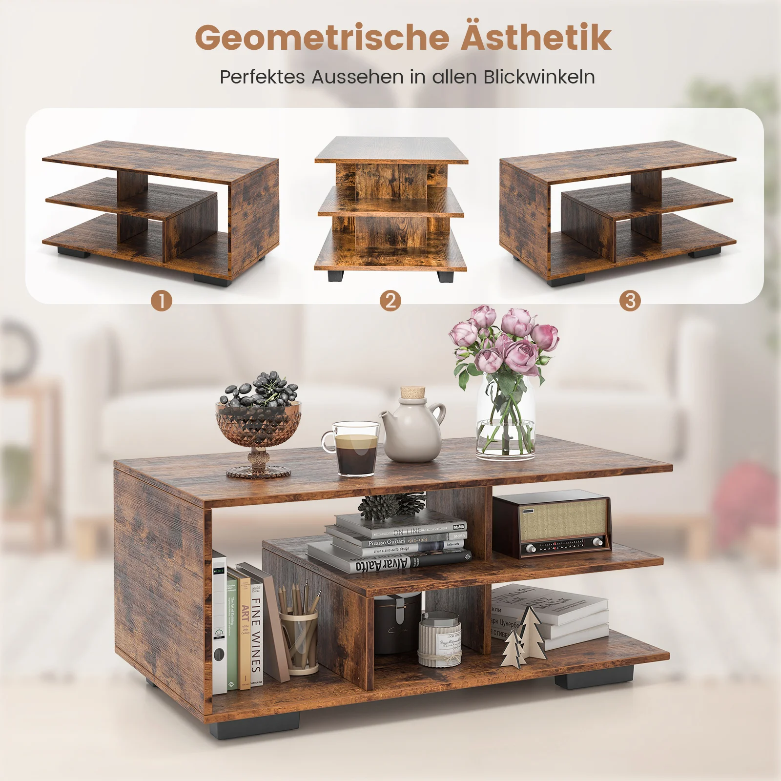 Couchtisch mit Stauraum, rechteckiger Wohnzimmertisch Retro mit L-förmiger Mittelablage, 3-stufiger geometrischer Kaffeetisch
