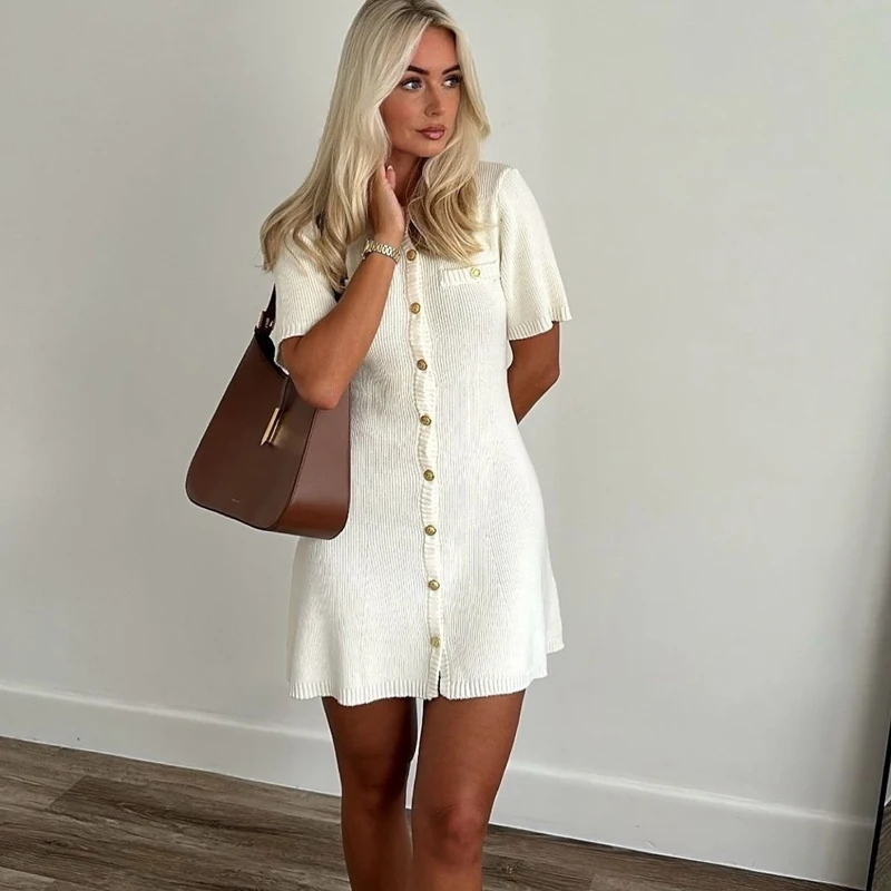 White Elegant Knitted Mini Dress For Women Metal Button Sexy Slim Rib Sweater Dress Holiday Party Outfits Autumn 2024 New