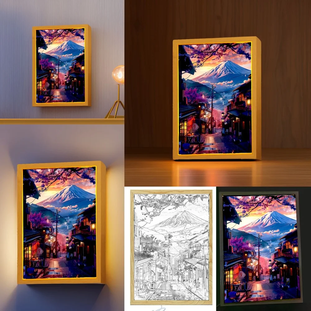 Hermosa ciudad Monte Fuji, Japón pintura de luz marco de fotos luz nocturna Led lámparas de pared decoración del hogar regalos de Navidad lámpara de luna