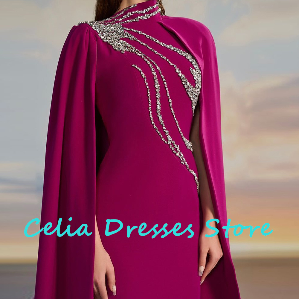 Customized Exquisite and High Quality Crystal Jersey Butterfly Sleeves Evening Dress High Collar Watteau Train Long Sleeves Gown