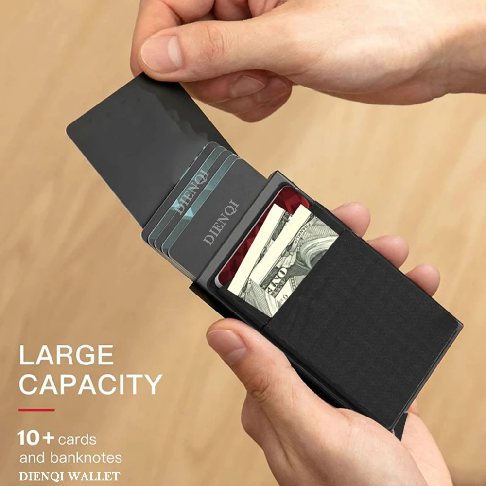 Portafoglio porta carte di credito Rfid Smart Bank Portafogli da uomo sottili e sottili in metallo Portafoglio minimalista pop-up Custodia porta carte di credito in metallo nero