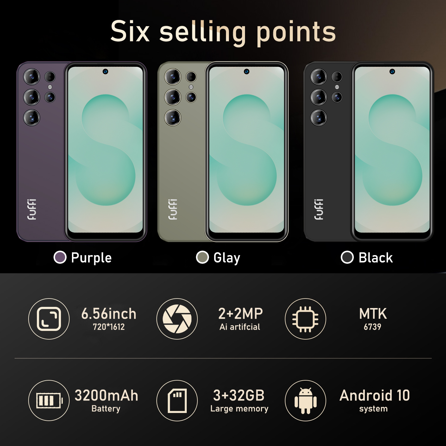 FUFFI Smartphone de 6,56 pulgadas, teléfono dual SIM de red 4G, teléfono Android 10,0 con 32 GB de ROM, procesador de cuatro núcleos, teléfono de 2 + 2 MP píxeles