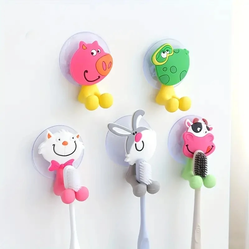 5pc bonito dos desenhos animados animal suporte de escova de dentes, parede amarrada rack de armazenamento de escova de dentes, banheiro multifuncional gancho de parede, suporte de escova de dentes