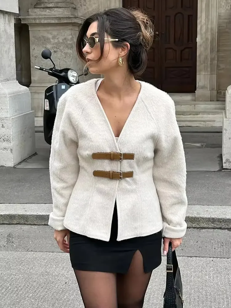 Hh retro fivela de couro casaco de lã moda feminina sólida decote em v manga longa bege jaqueta outono primavera chique feminino streetwear