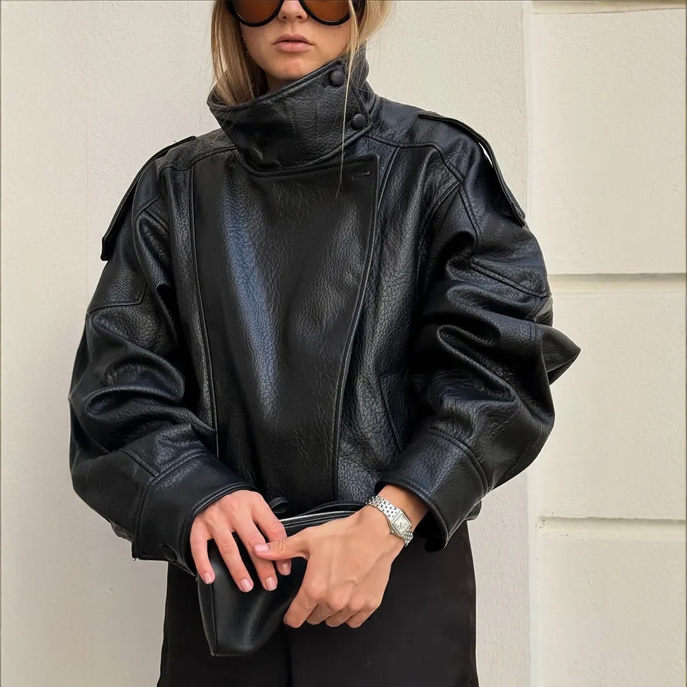 Modische Herbst-Winter-Damenjacke, Ledermantel mit Litschi-Muster, elegante Persönlichkeit im europäischen und amerikanischen Stil