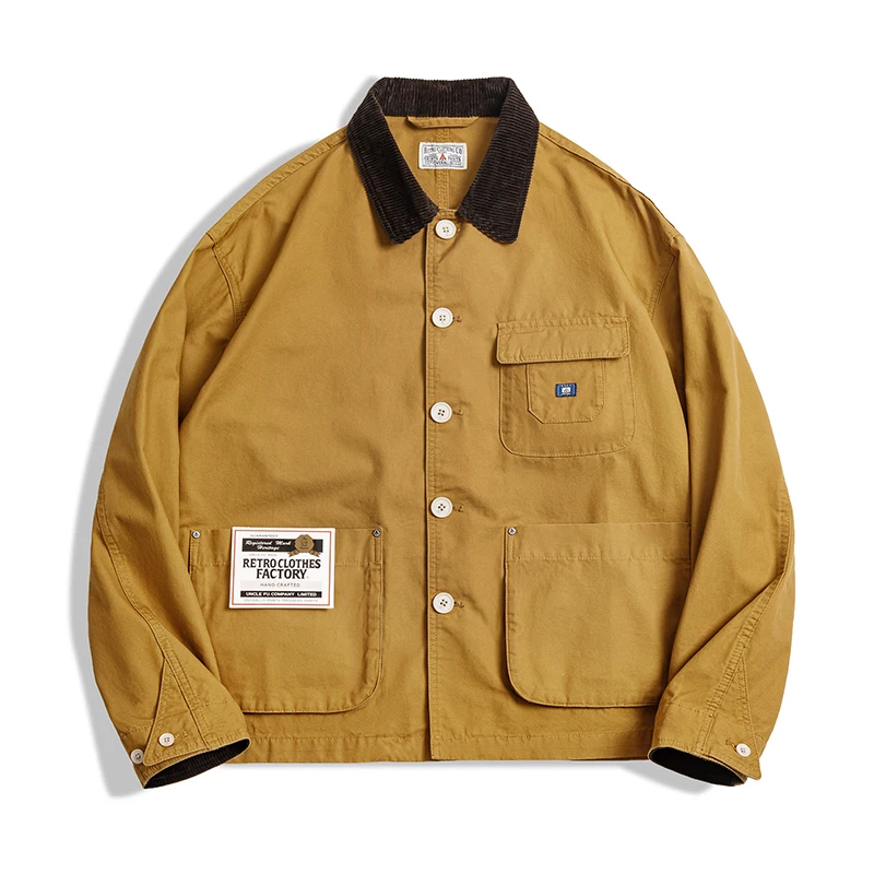 Maden Jaqueta feminina de outono com gola de veludo cotelê em amarelo gengibre e creme jaqueta oversize vintage estilo trabalho jaqueta de caça para mulheres