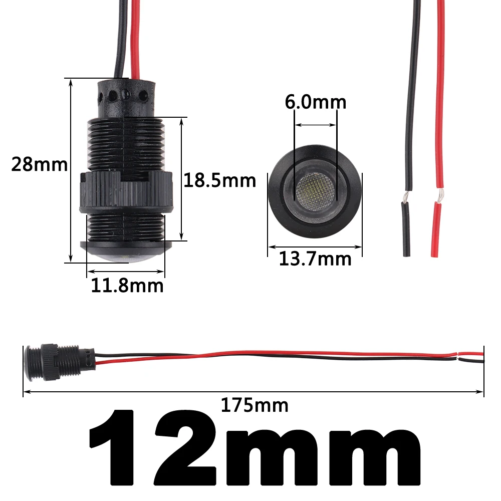 1pc 12mm Oxidized Black Plastic Indicator Light Mini Warning LED Pilot Signal Lamp 6V12V24V 220V with Wire Red Yellow Blue Green