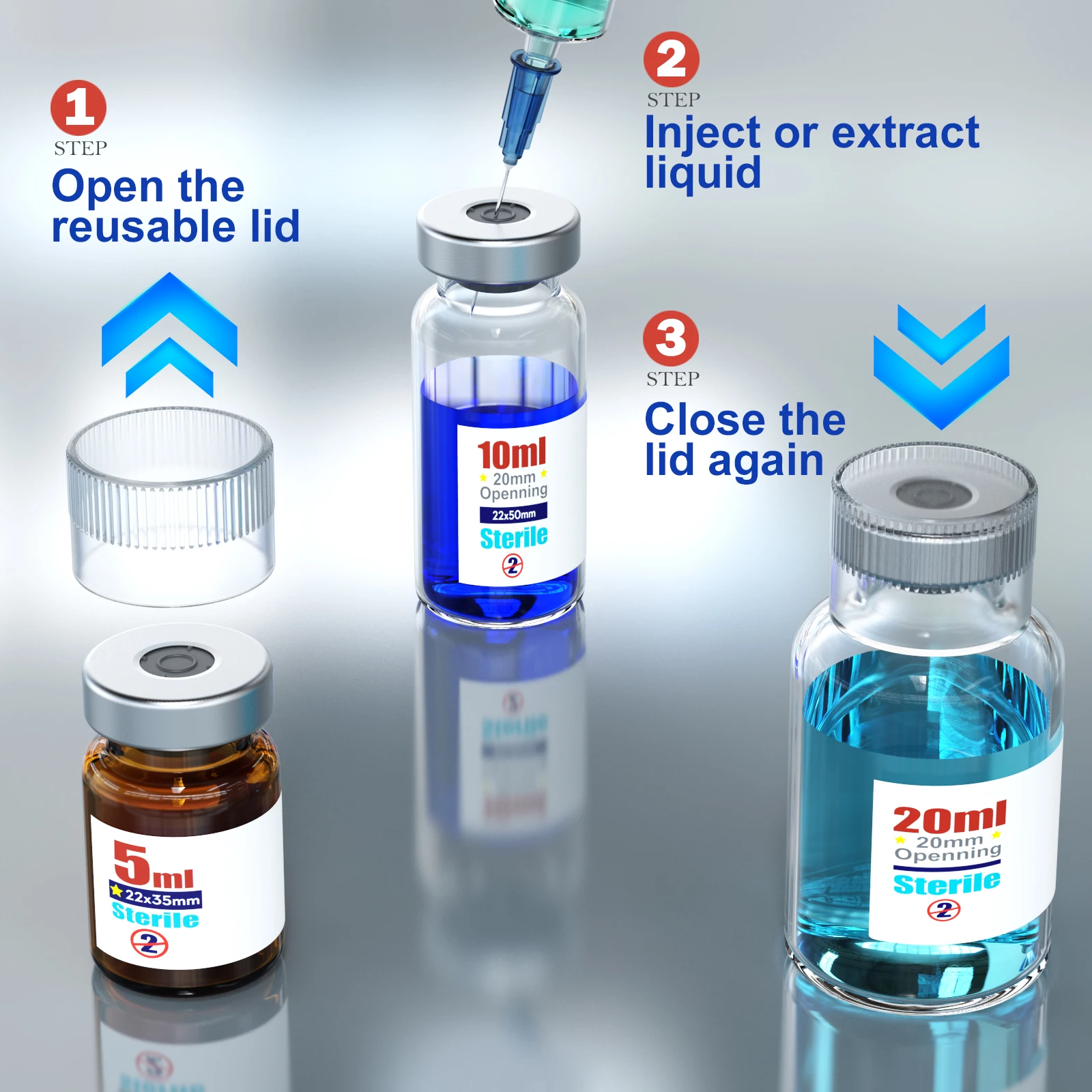 Sterile Empty Vials With Reuse Cap And 13 /20 mm Self Healing Injection Port,Buckle Glass Vials ,Sterile Package,Amber
