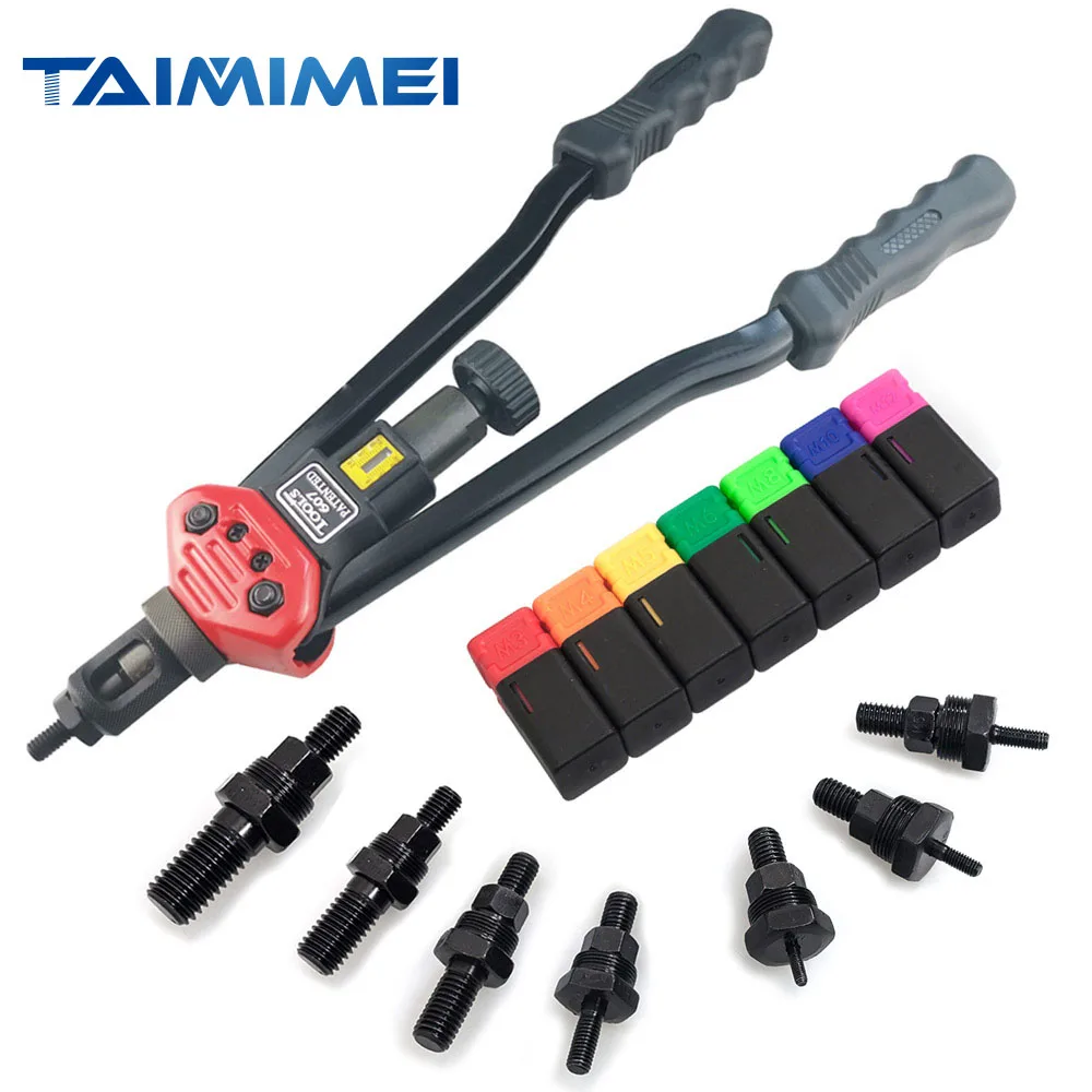 Kit de pistola de remaches de 16 pulgadas, remachadora ciega de mano, Kit profesional de tuerca de remache con 7 piezas métricas y mandriles M3/M4/M5/M6/M8/M10/M12