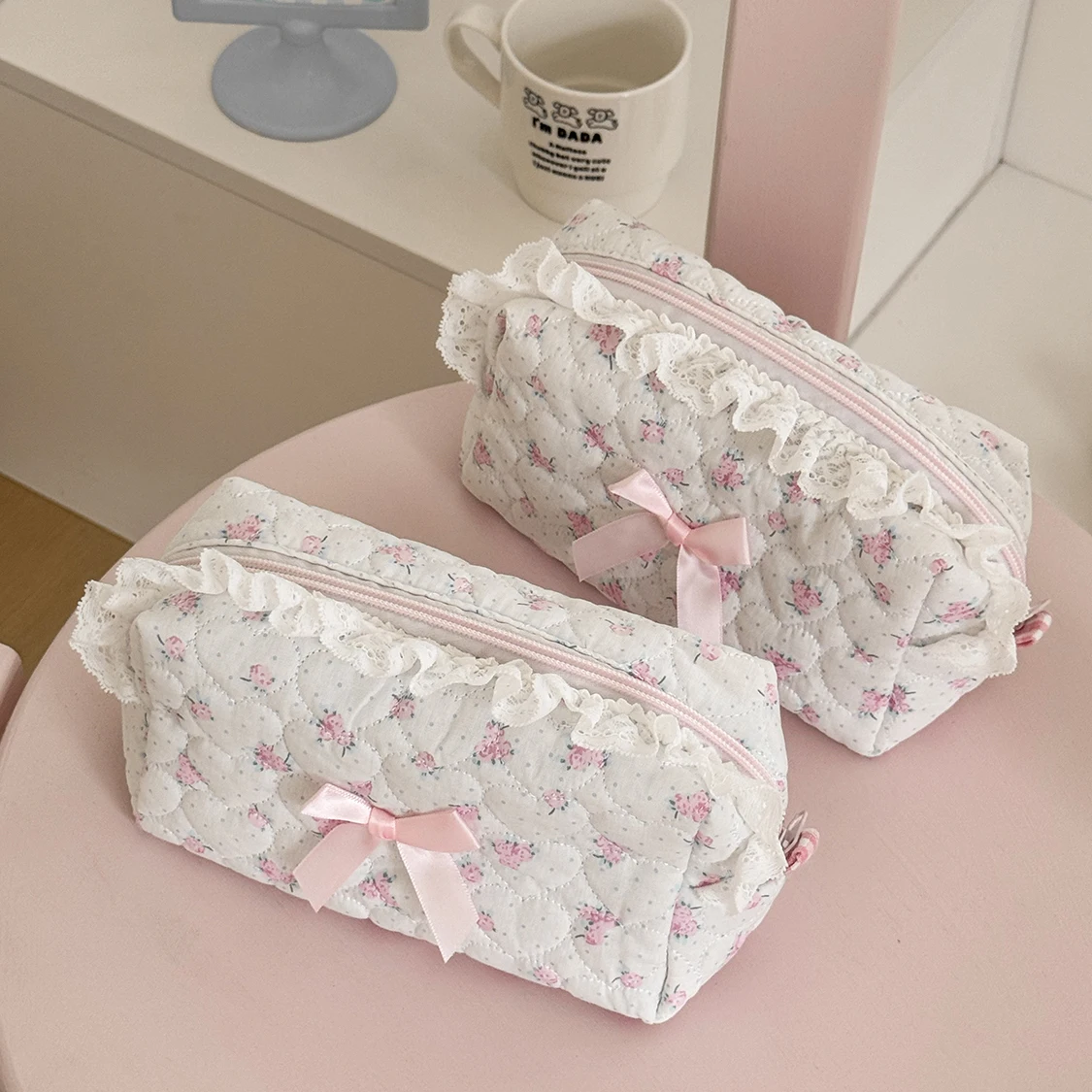 Pink Flower Women Lace Small Makeup Bag Travel Organizer Cosmetic Coins Handbag Pouch Gilrs Cute Bow Square Zipper Wallet Bags