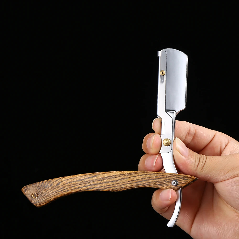 Lâminas retas para homens, cabo de madeira natural, lâminas de borda dupla, profissional e próximo, navalha de barbeiro (sem lâmina)