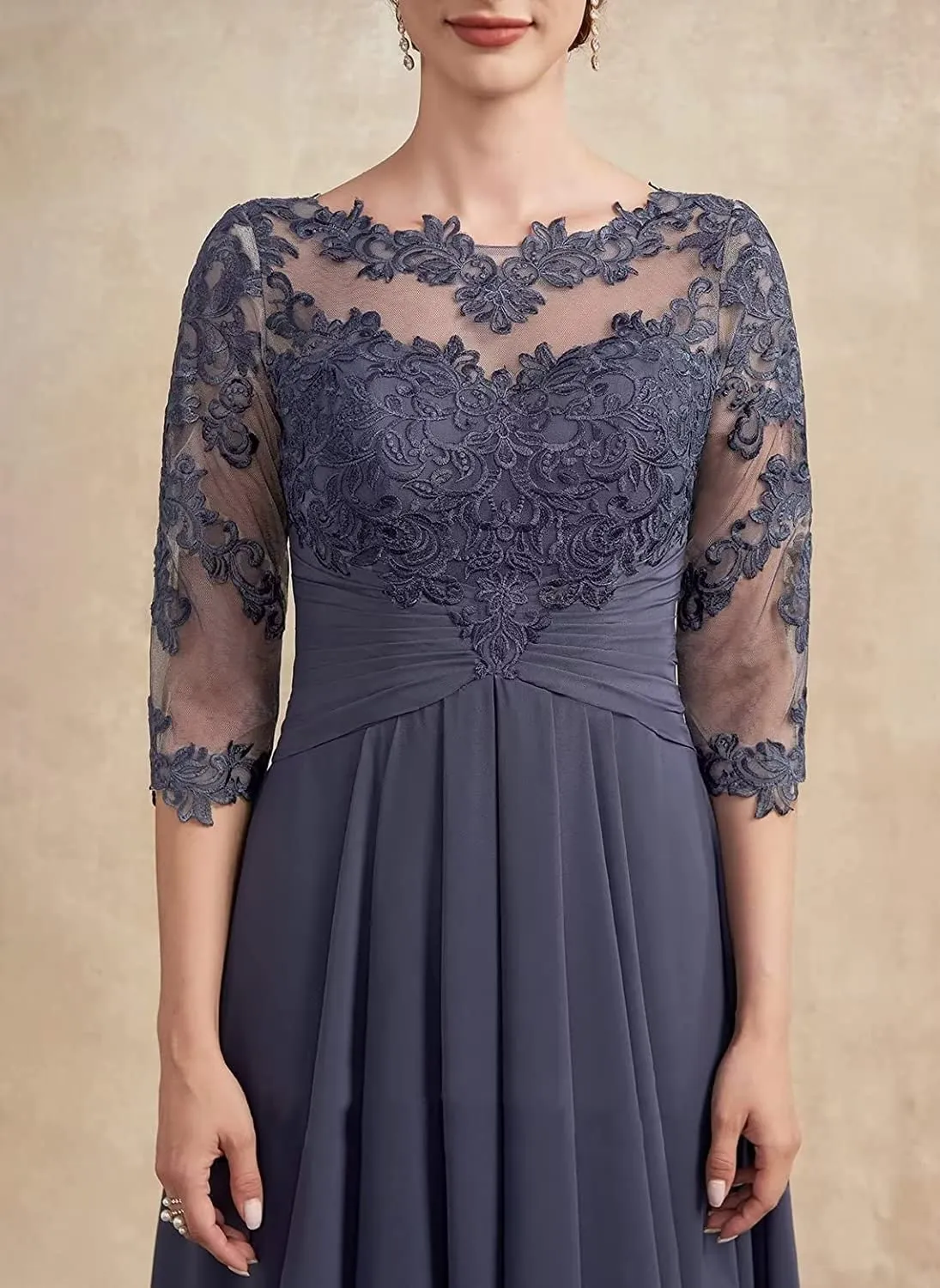 Robes de mère de la mariée à manches trois quarts, grande taille personnalisée, appliques en dentelle, mousseline de soie, robe trapèze éducative