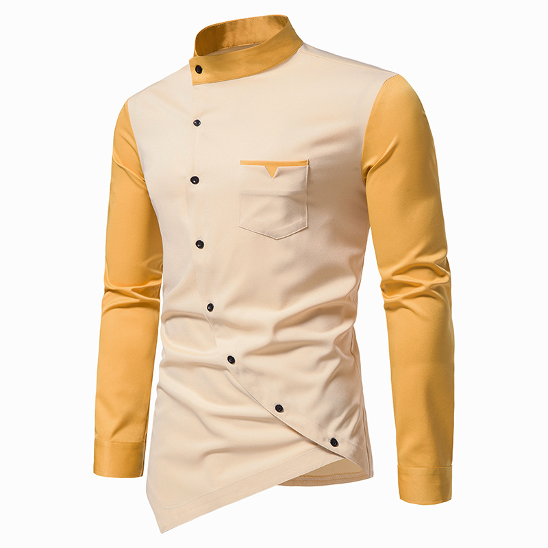 Nueva camisa de manga larga para hombre, camisas con botones diagonales a la moda para hombre, camisa informal lisa con cuello Henry Irregular de diseñador de lujo para hombre