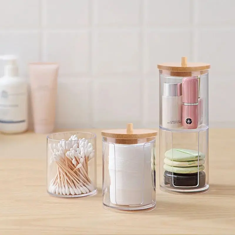 1Pcs Cotton Swab Holder, Cotton Swab Dispenser with Bamboo Lids,Bamboo Bathroom Storage Jars Storage Containers Clear Plastic