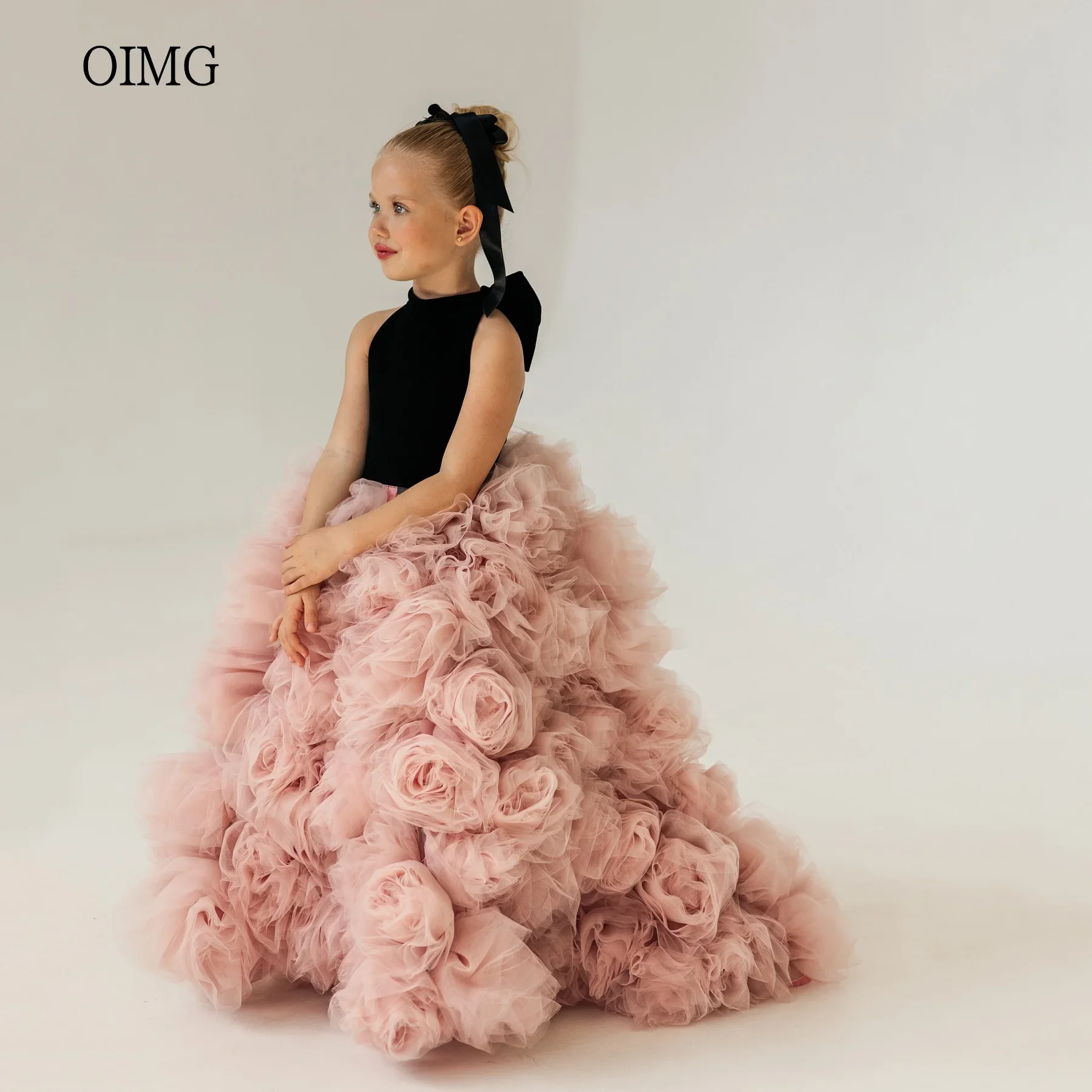 OIMG-vestidos de lujo con flores para niña, vestido de cuello alto, vestido de fiesta de boda, flores hasta el suelo, vestido de princesa para cumpleaños personalizado