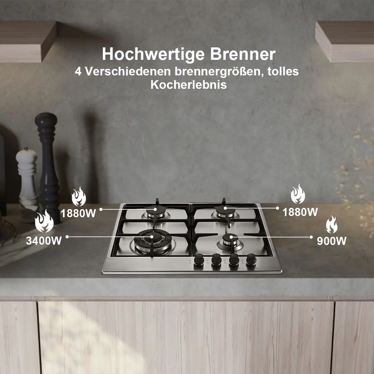 Edelstahl-Gaskochfeld, 4 Brenner mit automatischem Flammschutz, 8060 W, Doppelkraftstoff (Erdgas/Propan), eingebaut oder freistehend